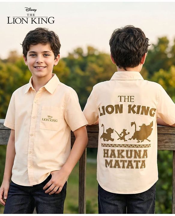 Pine Kids Disney 100% Cotton Woven Half Sleeves Shirt With Lion King Front & Back Print - Beige