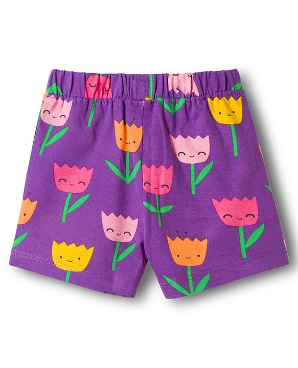 Babyhug Cotton Knit Half Sleeves Co-ords T-Shirt & Shorts Night Suit with Floral Print - Purple