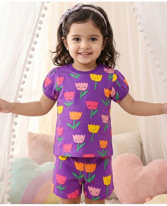 Babyhug Cotton Knit Half Sleeves Co-ords T-Shirt & Shorts Night Suit with Floral Print - Purple
