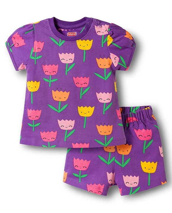 Babyhug Cotton Knit Half Sleeves Co-ords T-Shirt & Shorts Night Suit with Floral Print - Purple