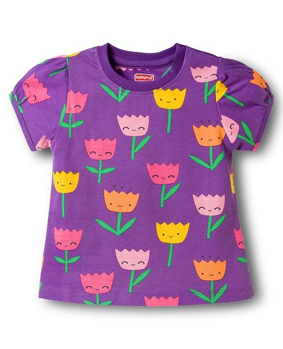 Babyhug Cotton Knit Half Sleeves Co-ords T-Shirt & Shorts Night Suit with Floral Print - Purple