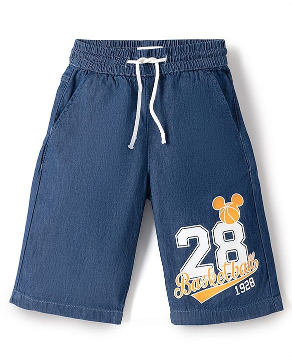 Pine Kids Disney Denim Half Sleeves Shirt & Shorts Set With Mickey Mouse Graphics - Blue