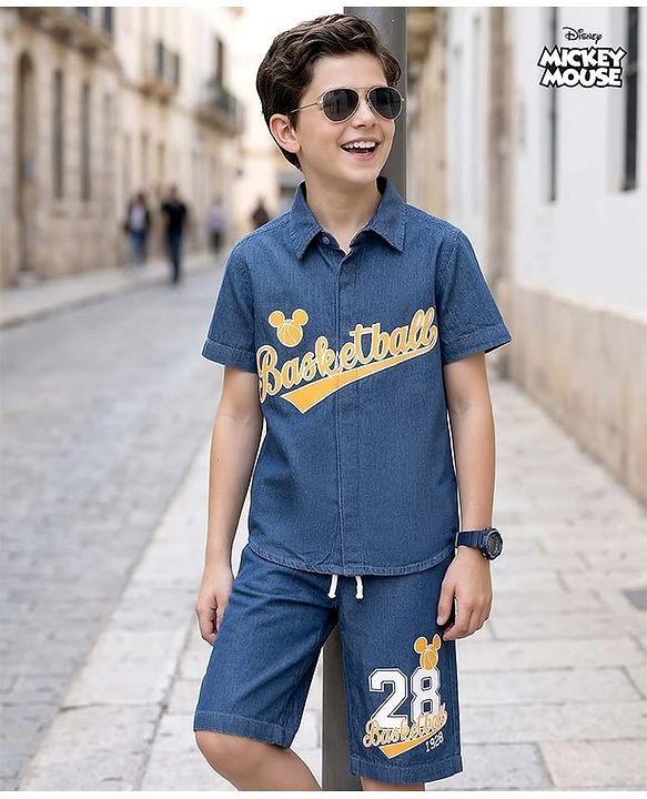 Pine Kids Disney Denim Half Sleeves Shirt & Shorts Set With Mickey Mouse Graphics - Blue