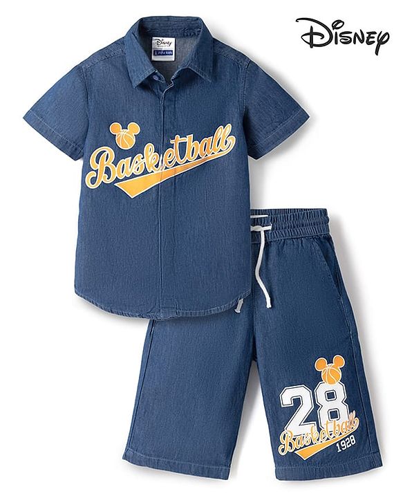 Pine Kids Disney Denim Half Sleeves Shirt & Shorts Set With Mickey Mouse Graphics - Blue