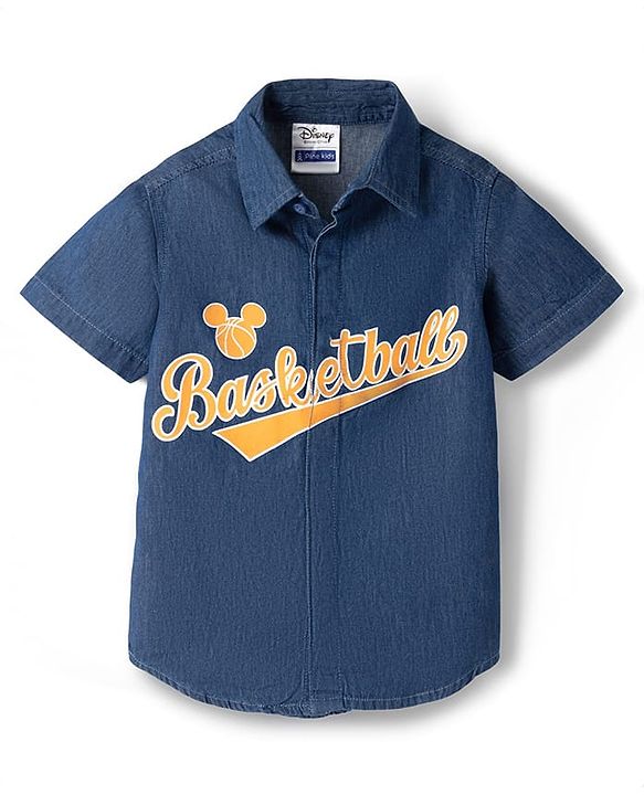 Pine Kids Disney Denim Half Sleeves Shirt & Shorts Set With Mickey Mouse Graphics - Blue