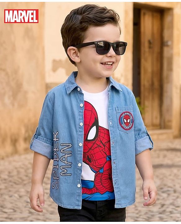 Pine Kids Marvel 100% Cotton Knit Full Sleeves Denim Shirt & Sleeveless Tank T-Shirt With Spider Man Graphics & Badge Detailing  - Multicolour