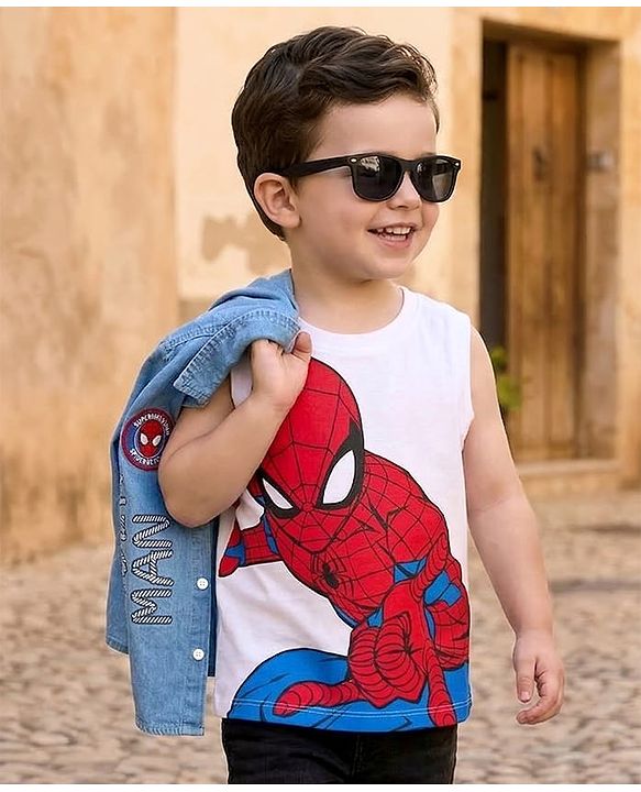 Pine Kids Marvel 100% Cotton Knit Full Sleeves Denim Shirt & Sleeveless Tank T-Shirt With Spider Man Graphics & Badge Detailing  - Multicolour