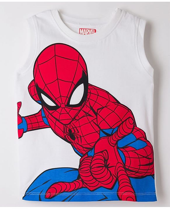 Pine Kids Marvel 100% Cotton Knit Full Sleeves Denim Shirt & Sleeveless Tank T-Shirt With Spider Man Graphics & Badge Detailing  - Multicolour