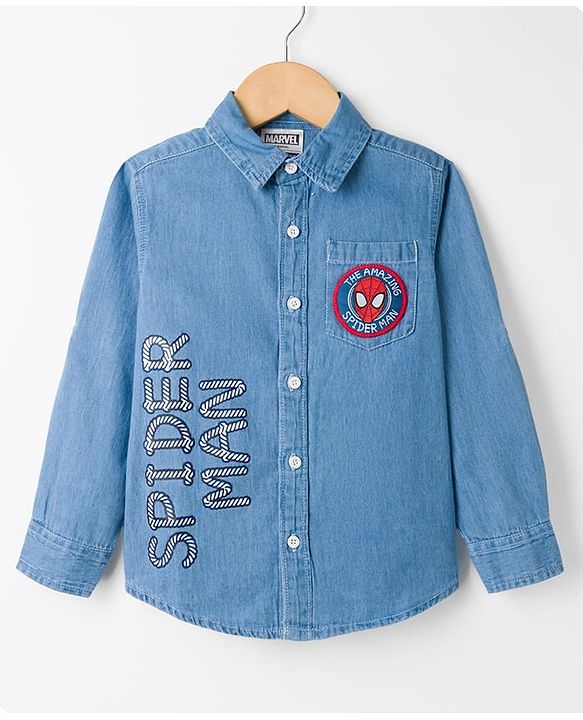 Pine Kids Marvel 100% Cotton Knit Full Sleeves Denim Shirt & Sleeveless Tank T-Shirt With Spider Man Graphics & Badge Detailing  - Multicolour