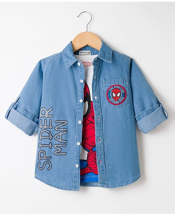 Pine Kids Marvel 100% Cotton Knit Full Sleeves Denim Shirt & Sleeveless Tank T-Shirt With Spider Man Graphics & Badge Detailing  - Multicolour