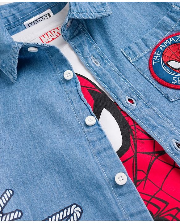 Pine Kids Marvel 100% Cotton Knit Full Sleeves Denim Shirt & Sleeveless Tank T-Shirt With Spider Man Graphics & Badge Detailing  - Multicolour