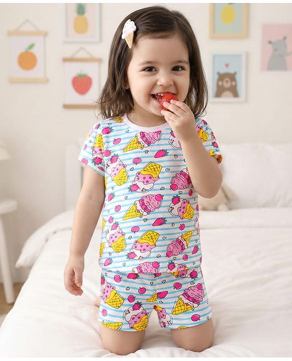 Babyhug Cotton Knit Half Sleeves Co-ords T-Shirt & Shorts Night Suit with Ice Cream Print & Stripes - Multicolor