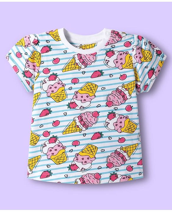 Babyhug Cotton Knit Half Sleeves Co-ords T-Shirt & Shorts Night Suit with Ice Cream Print & Stripes - Multicolor
