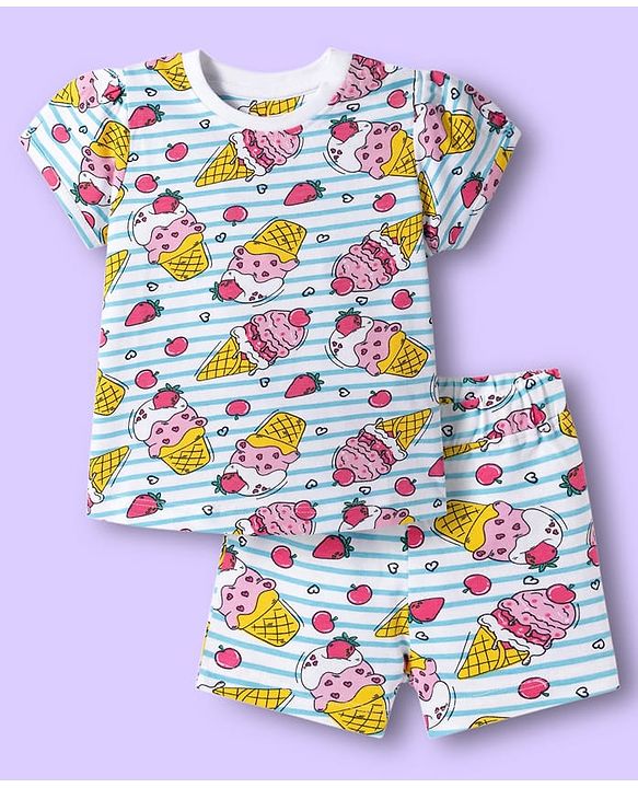 Babyhug Cotton Knit Half Sleeves Co-ords T-Shirt & Shorts Night Suit with Ice Cream Print & Stripes - Multicolor