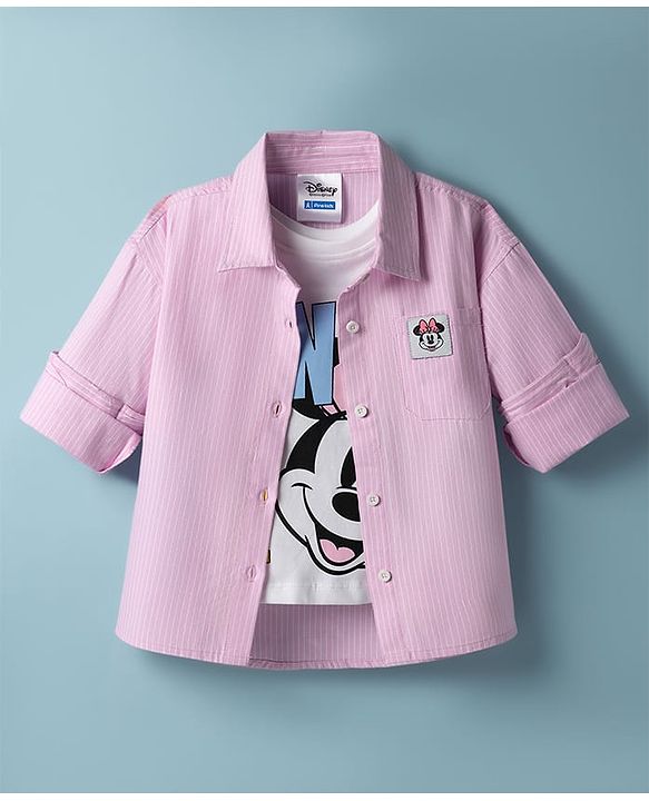 Pine Kids Disney Cotton Woven Full Sleeves Shirt & T-Shirt With Minnie Mouse Graphics - Multi Colour