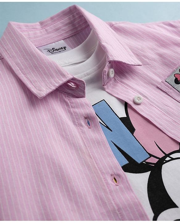 Pine Kids Disney Cotton Woven Full Sleeves Shirt & T-Shirt With Minnie Mouse Graphics - Multi Colour