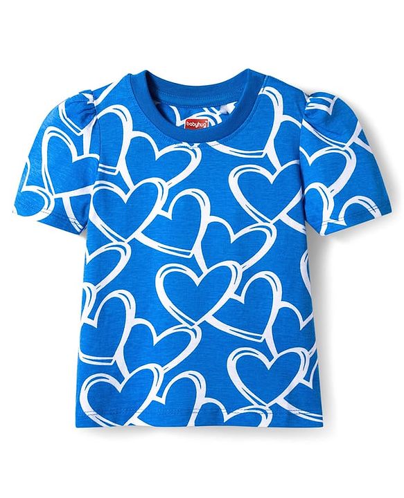 Babyhug Cotton Knit Half Sleeves Hearts Printed Co-Ords T-Shirt & Pyjama Night Suit - Blue