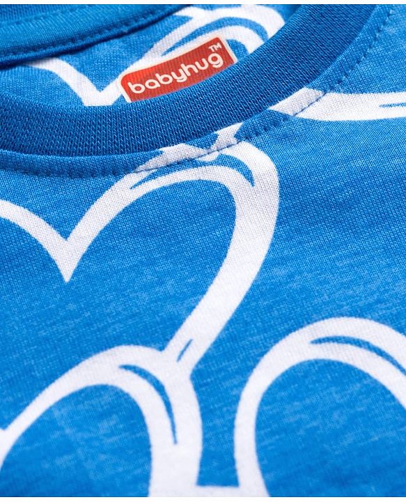 Babyhug Cotton Knit Half Sleeves Hearts Printed Co-Ords T-Shirt & Pyjama Night Suit - Blue