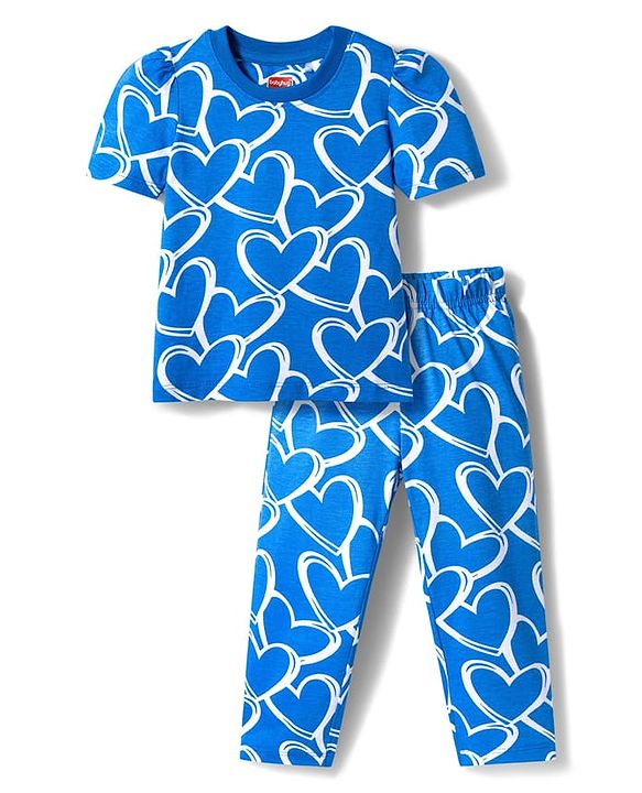 Babyhug Cotton Knit Half Sleeves Hearts Printed Co-Ords T-Shirt & Pyjama Night Suit - Blue