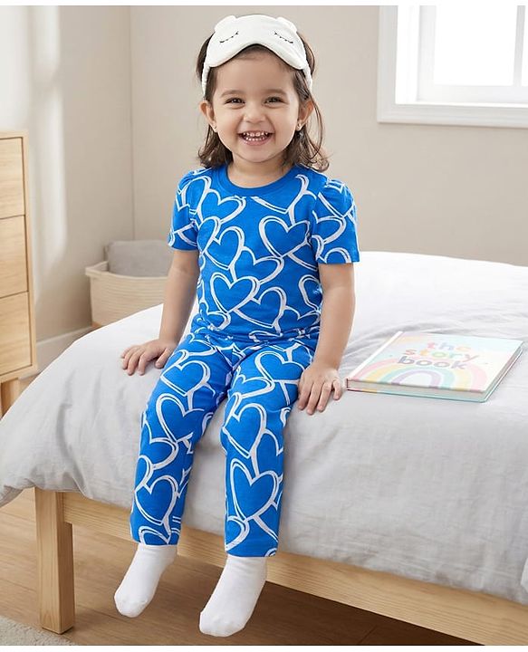 Babyhug Cotton Knit Half Sleeves Hearts Printed Co-Ords T-Shirt & Pyjama Night Suit - Blue