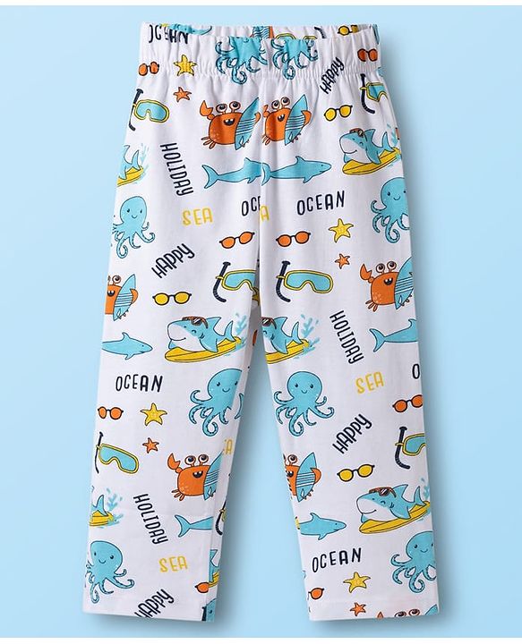 Babyhug Cotton Knit Full Sleeves Co-ords T-Shirt & Pajama Night Suit with Sea Life Print - White