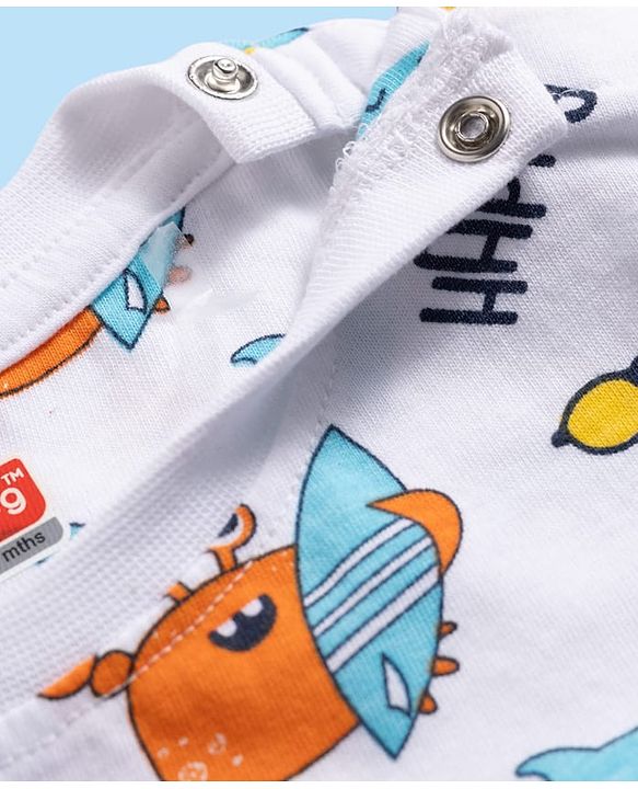 Babyhug Cotton Knit Full Sleeves Co-ords T-Shirt & Pajama Night Suit with Sea Life Print - White