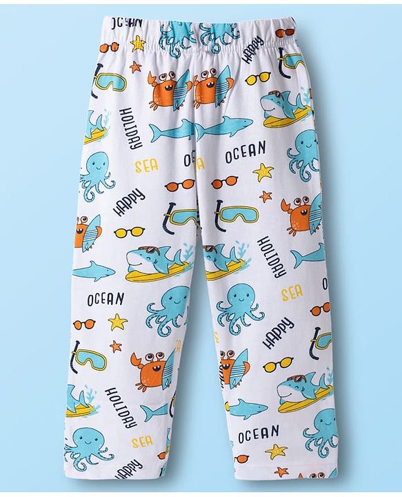 Babyhug Cotton Knit Full Sleeves Co-ords T-Shirt & Pajama Night Suit with Sea Life Print - White