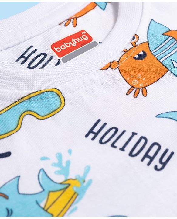 Babyhug Cotton Knit Full Sleeves Co-ords T-Shirt & Pajama Night Suit with Sea Life Print - White