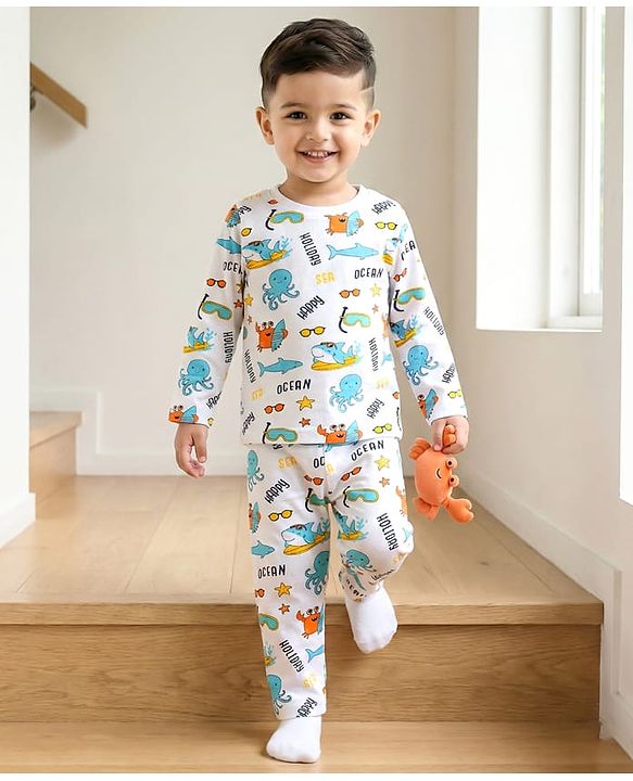 Babyhug Cotton Knit Full Sleeves Co-ords T-Shirt & Pajama Night Suit with Sea Life Print - White