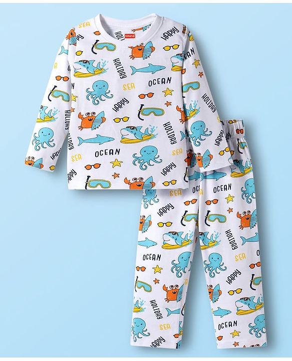 Babyhug Cotton Knit Full Sleeves Co-ords T-Shirt & Pajama Night Suit with Sea Life Print - White