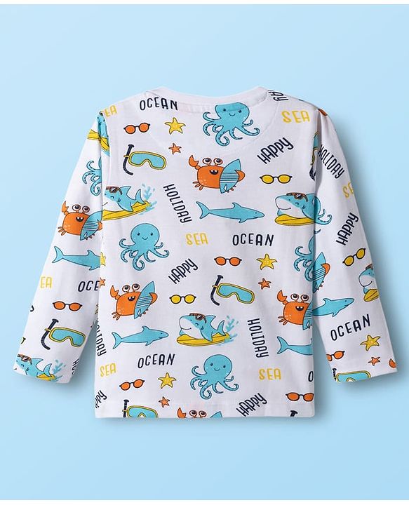 Babyhug Cotton Knit Full Sleeves Co-ords T-Shirt & Pajama Night Suit with Sea Life Print - White
