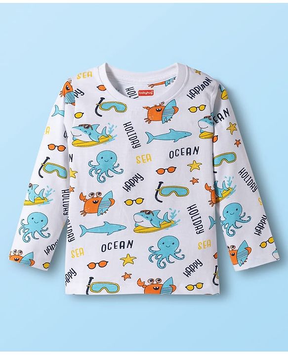 Babyhug Cotton Knit Full Sleeves Co-ords T-Shirt & Pajama Night Suit with Sea Life Print - White