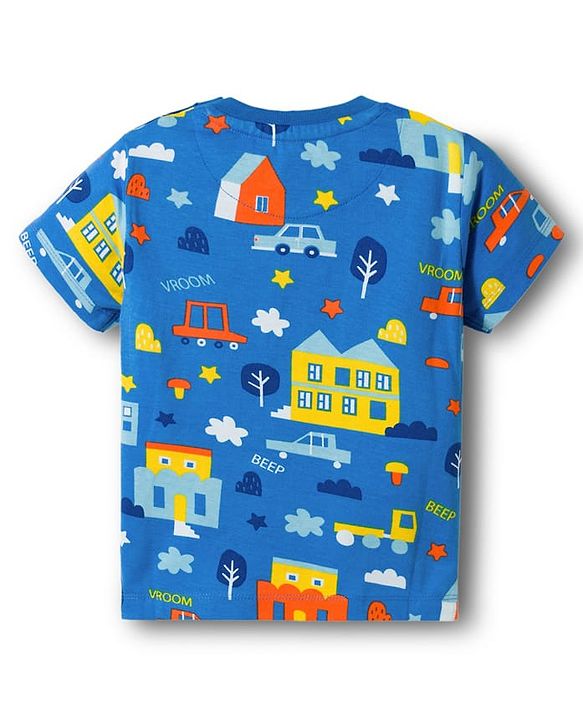 Babyhug Cotton Knit Half Sleeves Co-ords T-Shirt & Pajama Night Suit with City Landscape Print - Blue
