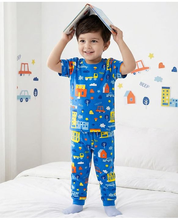 Babyhug Cotton Knit Half Sleeves Co-ords T-Shirt & Pajama Night Suit with City Landscape Print - Blue