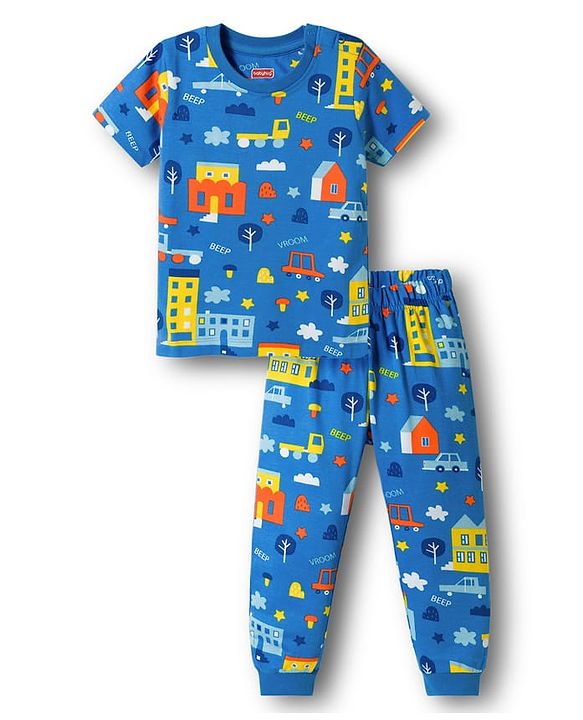 Babyhug Cotton Knit Half Sleeves Co-ords T-Shirt & Pajama Night Suit with City Landscape Print - Blue