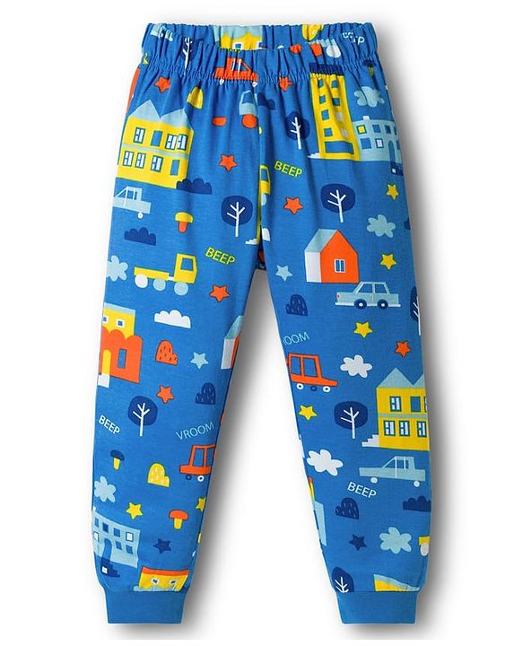 Babyhug Cotton Knit Half Sleeves Co-ords T-Shirt & Pajama Night Suit with City Landscape Print - Blue