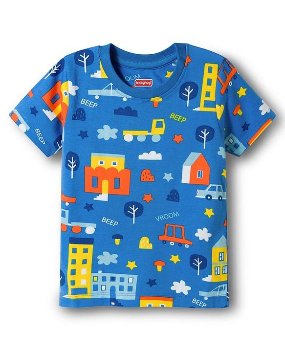 Babyhug Cotton Knit Half Sleeves Co-ords T-Shirt & Pajama Night Suit with City Landscape Print - Blue