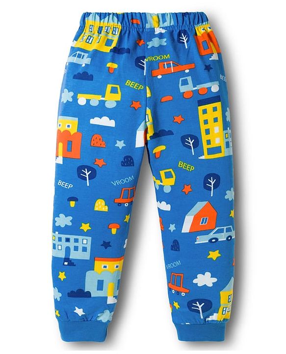Babyhug Cotton Knit Half Sleeves Co-ords T-Shirt & Pajama Night Suit with City Landscape Print - Blue