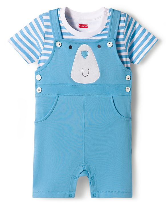 Babyhug Single Jersey Knit Half Sleeves Striped T-Shirt & Dungarees Set with Embroidery - Blue