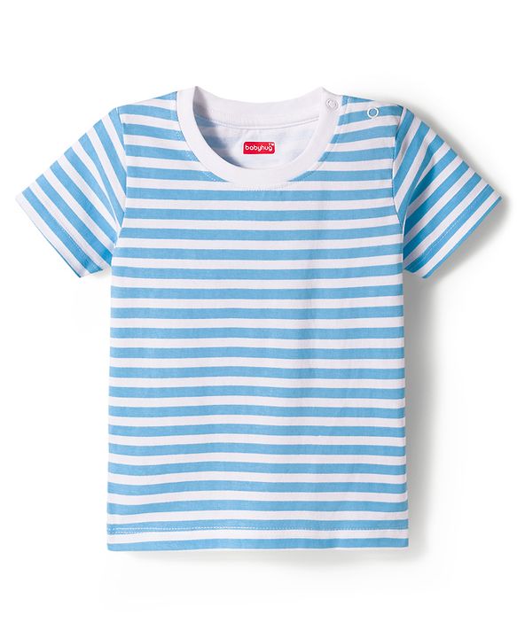 Babyhug Single Jersey Knit Half Sleeves Striped T-Shirt & Dungarees Set with Embroidery - Blue