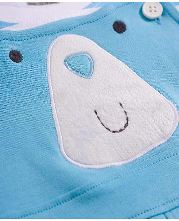Babyhug Single Jersey Knit Half Sleeves Striped T-Shirt & Dungarees Set with Embroidery - Blue