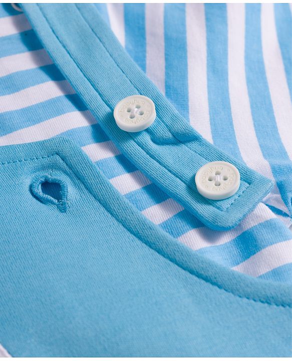 Babyhug Single Jersey Knit Half Sleeves Striped T-Shirt & Dungarees Set with Embroidery - Blue