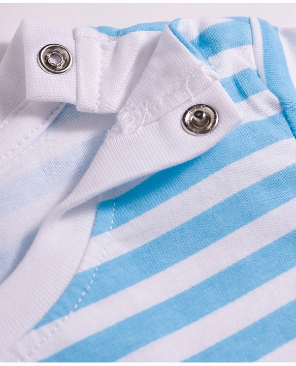 Babyhug Single Jersey Knit Half Sleeves Striped T-Shirt & Dungarees Set with Embroidery - Blue