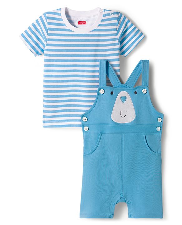 Babyhug Single Jersey Knit Half Sleeves Striped T-Shirt & Dungarees Set with Embroidery - Blue