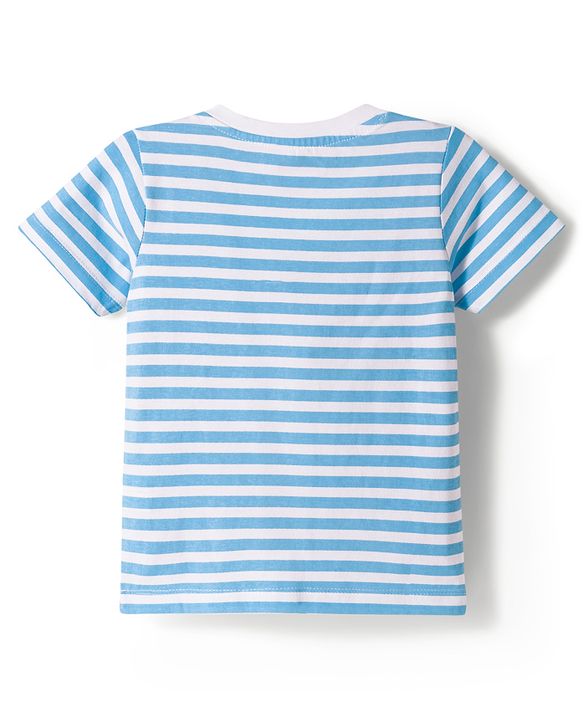 Babyhug Single Jersey Knit Half Sleeves Striped T-Shirt & Dungarees Set with Embroidery - Blue