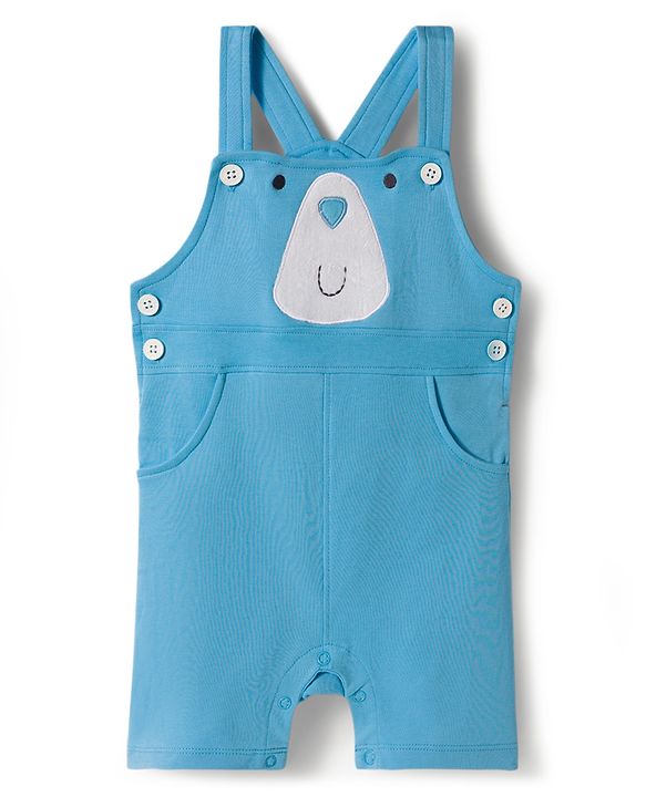 Babyhug Single Jersey Knit Half Sleeves Striped T-Shirt & Dungarees Set with Embroidery - Blue