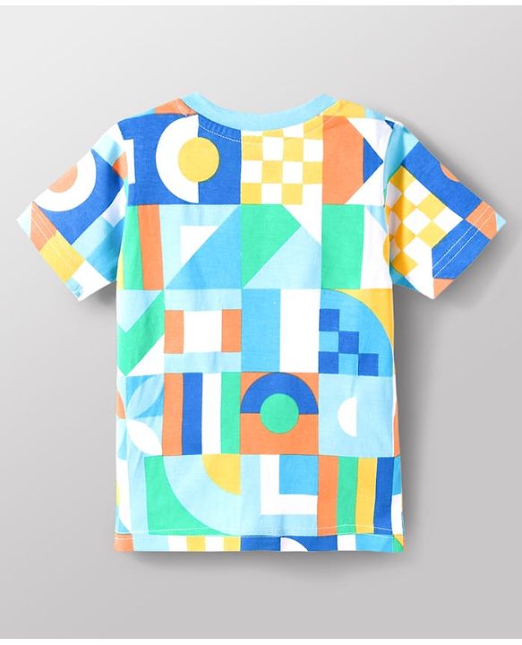 Babyhug Single Jersey Knit Half Sleeves Printed T-Shirt with Denim Dungaree - Blue & Sea Green