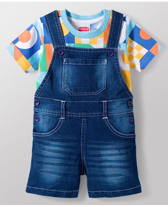 Babyhug Single Jersey Knit Half Sleeves Printed T-Shirt with Denim Dungaree - Blue & Sea Green