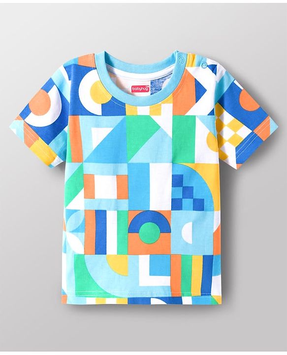 Babyhug Single Jersey Knit Half Sleeves Printed T-Shirt with Denim Dungaree - Blue & Sea Green