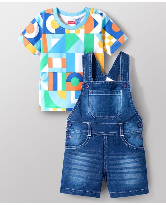 Babyhug Single Jersey Knit Half Sleeves Printed T-Shirt with Denim Dungaree - Blue & Sea Green